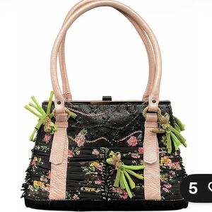 Mary Frances Floral Embellished Black and Pink Handbag